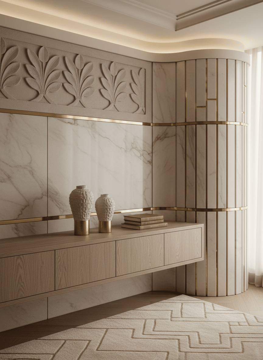 Quiet luxury interior with sculpted wall panels and soft natural light