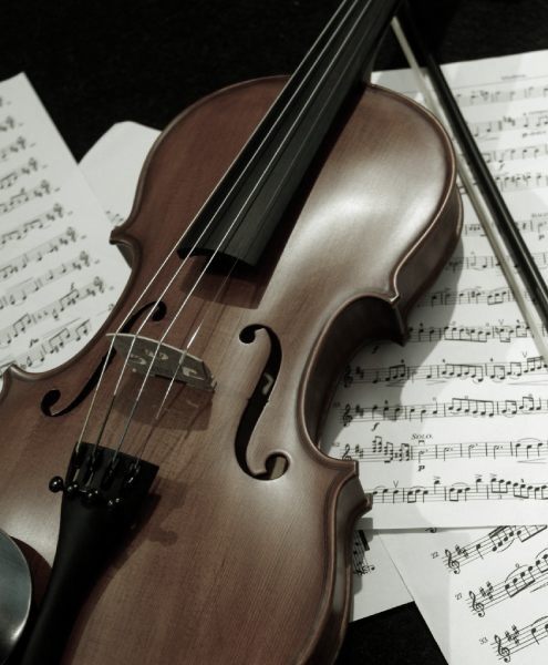 Violin resting on open sheet music