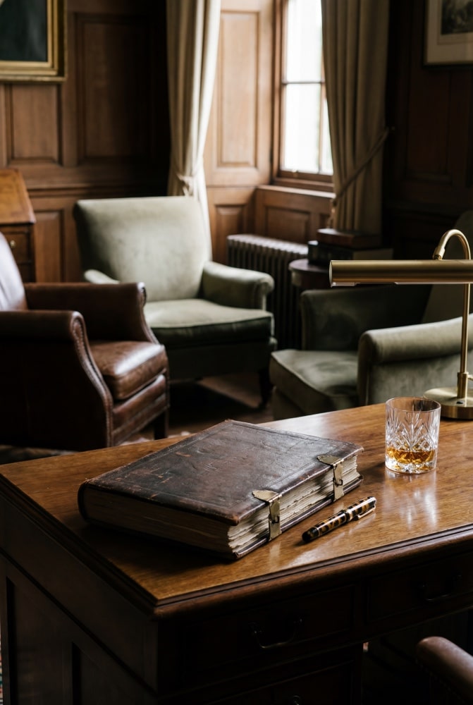 Leather armchairs in a private study, set for a confidential conversation