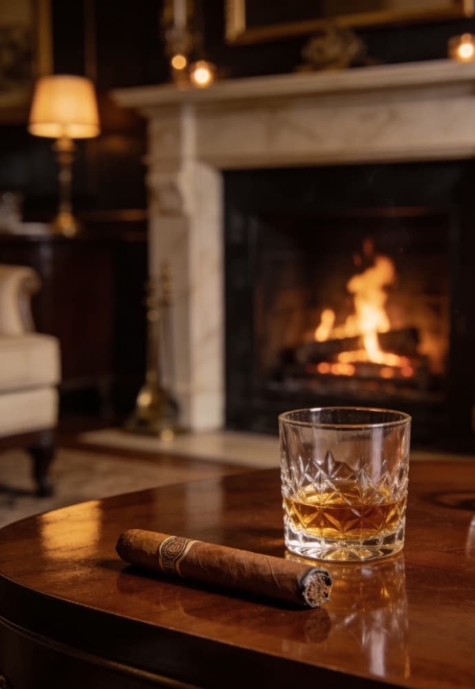 A whisky glass beside an open fire in a refined private setting