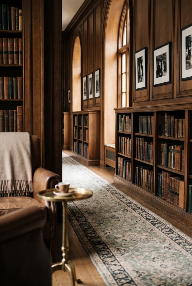 A private library with floor-to-ceiling bookshelves and a reading table
