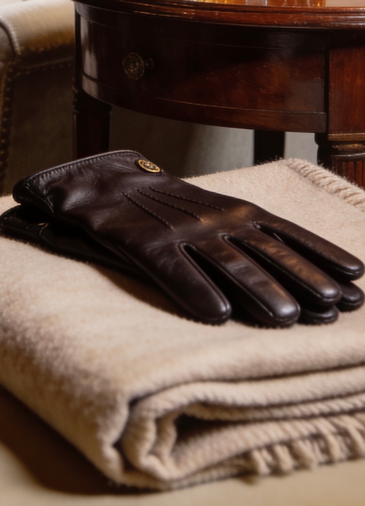 Leather gloves resting on a folded cashmere blanket